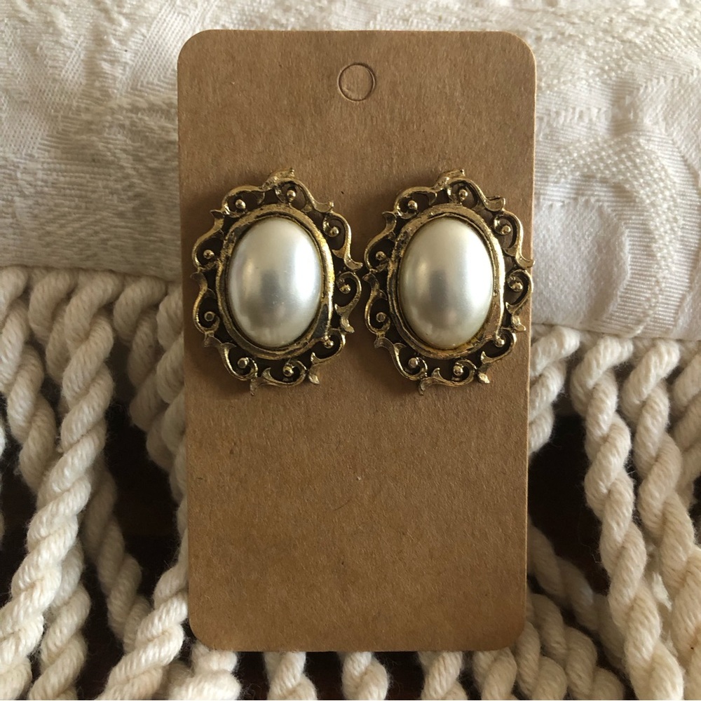Vintage silver cabochon faux pearl gold filigree pierced earrings